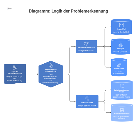  Ein Diagramm zur Problemerkennung, das mechanisch-hydraulische Fehler wie Leckagen und Betriebszustandsfehler wie falsch geschlossene Ventile darstellt.