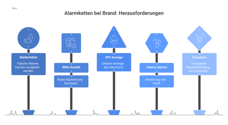 Flussdiagramm einer Alarmkette, die vom Strömungsmelder über die Brandmeldeanlage einen Alarm an die Feuerwehr und interne Systeme sendet.
