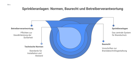Infografik über das System von Sprinkleranlagen, das technische Normen, Baurecht und die Verantwortung des Betreibers als drei Bereiche darstellt. 