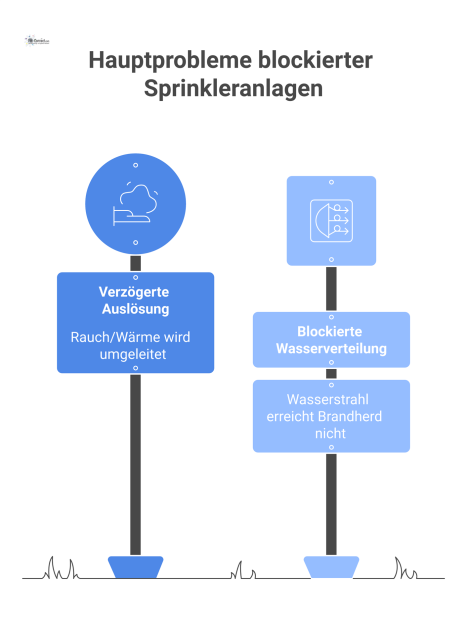  Infografik zeigt die zwei Hauptprobleme blockierter Sprinkleranlagen: verzögerte Auslösung durch umgeleitete Wärme und blockierte Wasserverteilung durch Hindernisse