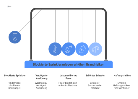 Infografik, die zeigt, wie Hindernisse den Sprühkegel einer Sprinkleranlage blockieren und dadurch unkontrolliertes Feuer und erhöhte Schäden entstehen können. 