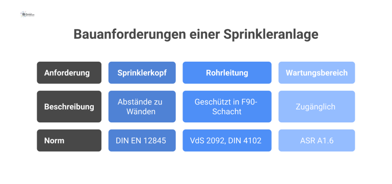  Technische Infografik zu Bauanforderungen für Sprinkleranlagen mit Sprinklerkopf, geschützter Rohrleitung im F90-Schacht und zugänglichem Wartungsbereich. 