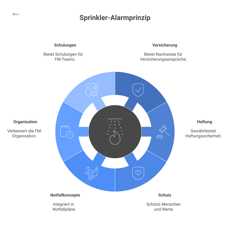 Infografik: Alarmprinzip von Sprinklern Mindmap zum Alarmprinzip von Sprinklern. Das Zentrum 'Alarm durch Wasserfluss' zeigt Vorteile wie Haftungssicherheit und Integrationen in FM-Prozesse.