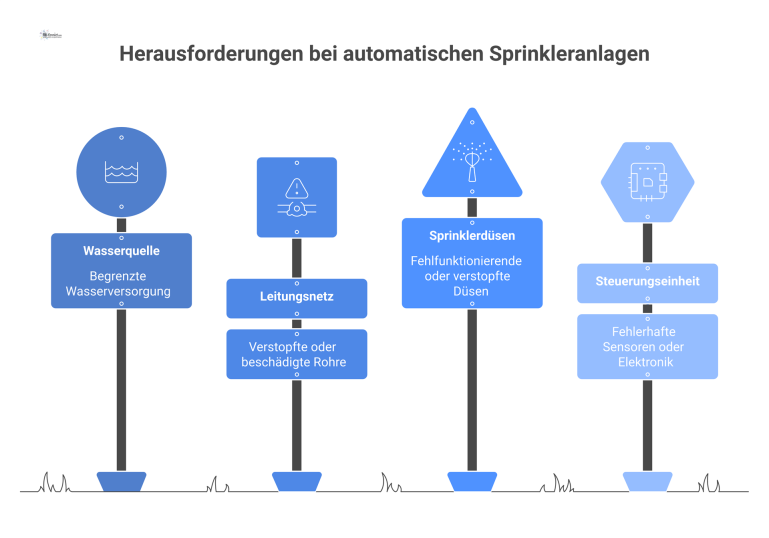 Infografik einer automatischen Sprinkleranlage, die ihre vier Hauptbestandteile und die Funktionsweise bei der Branderkennung und -bekämpfung zeigt.