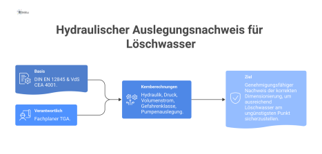 Diagramm des hydraulischen Auslegungsnachweises für Löschwasser, das die Beziehungen zwischen Druck, Volumenstrom, Gefahrenklasse und Pumpenauslegung visualisiert.