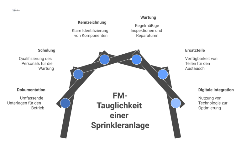 Diagramm zur FM-Tauglichkeit einer Sprinkleranlage mit Icons für Dokumentation, Schulung, Kennzeichnung, Wartung, Ersatzteile und digitale Integration.