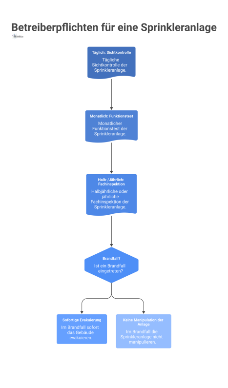  Infografik zu den Betreiberpflichten für Sprinkleranlagen, welche die Wartungsintervalle sowie das korrekte Verhalten im Brandfall visuell darstellt.