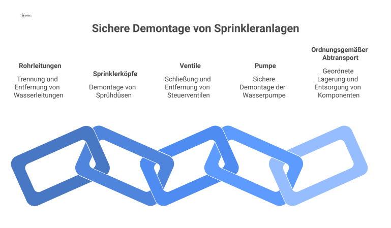 Infografik, die den sicheren Demontageprozess einer Sprinkleranlage zeigt, bei dem Rohre, Ventile und Sprinklerköpfe abgebaut und geordnet bereitgestellt werden.