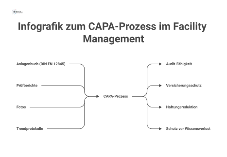 Infografik des CAPA-Prozesses, die den Fluss von Inputs wie Prüfberichten zu Ergebnissen wie Audit-Fähigkeit und Haftungsreduktion darstellt.