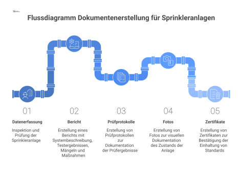 Flussdiagramm, das zeigt, wie Datenerfassung, Prüfprotokolle und Fotos zu einem zentralen Bericht zur Dokumentation von Sprinkleranlagen zusammenlaufen.