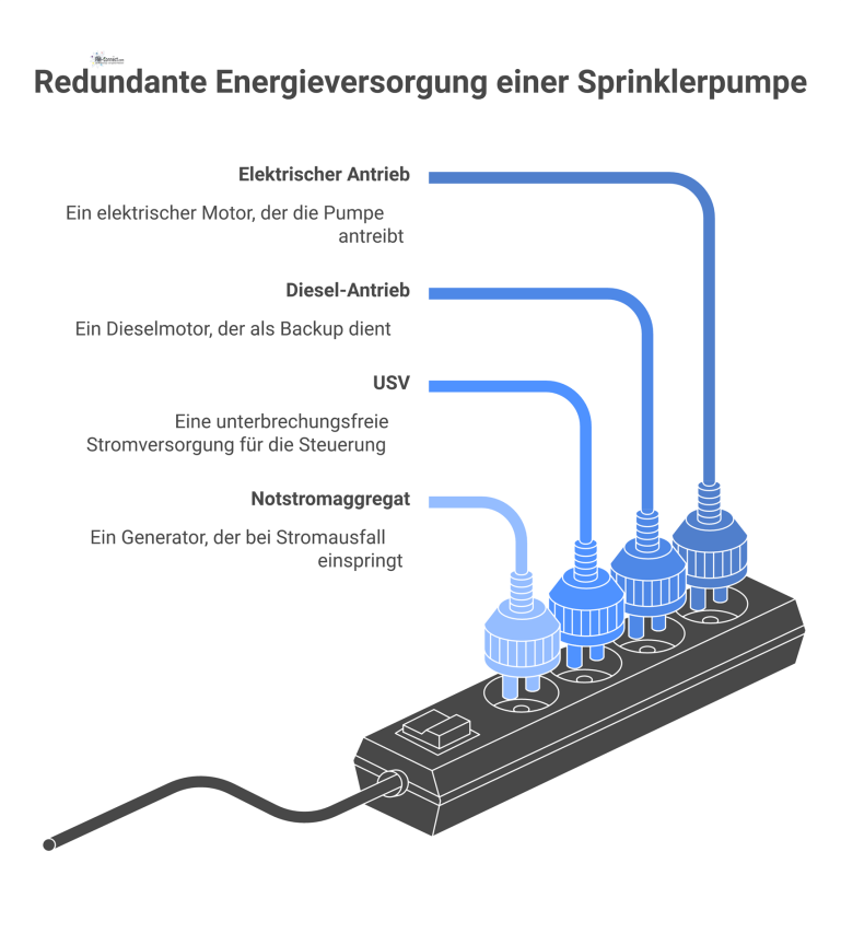 Technisches Diagramm der redundanten Energieversorgung einer Sprinklerpumpe, das den elektrischen Antrieb, die Diesel-Redundanz und die Notstromversorgung der Steuerung darstellt. 