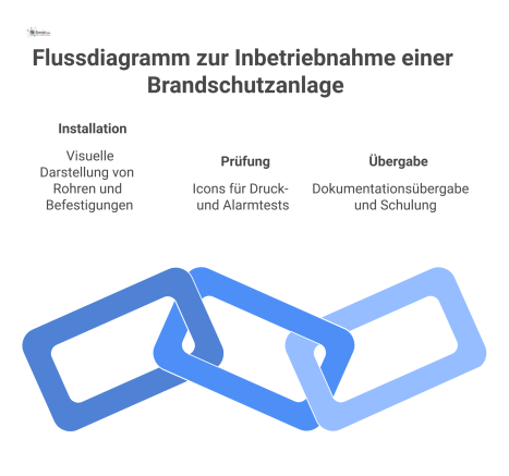 Flussdiagramm in 3 Phasen zur Inbetriebnahme einer Brandschutzanlage, das die Installation, Prüfung durch Sachverständige und Übergabe der Dokumentation zeigt.