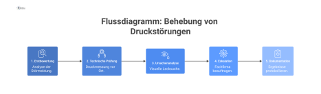 Ein lineares Flussdiagramm visualisiert den 5-stufigen Prozess zur Behebung von Druckstörungen, beginnend bei der Erstbewertung bis zur abschließenden Dokumentation.