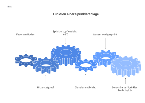 Diagramm zur Funktion einer Sprinkleranlage, bei der Hitze eines Feuers einen Sprinkler auslöst, der Wasser versprüht.