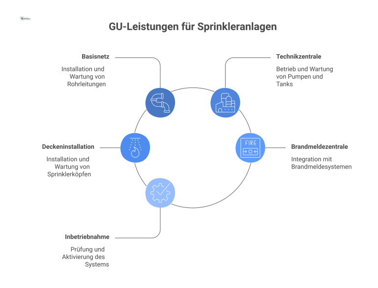  Infografik, die eine Sprinkleranlage als System darstellt und die Komponenten Basisnetz, Technikzentrale, Deckeninstallation, Brandmeldezentrale sowie Inbetriebnahme zeigt.