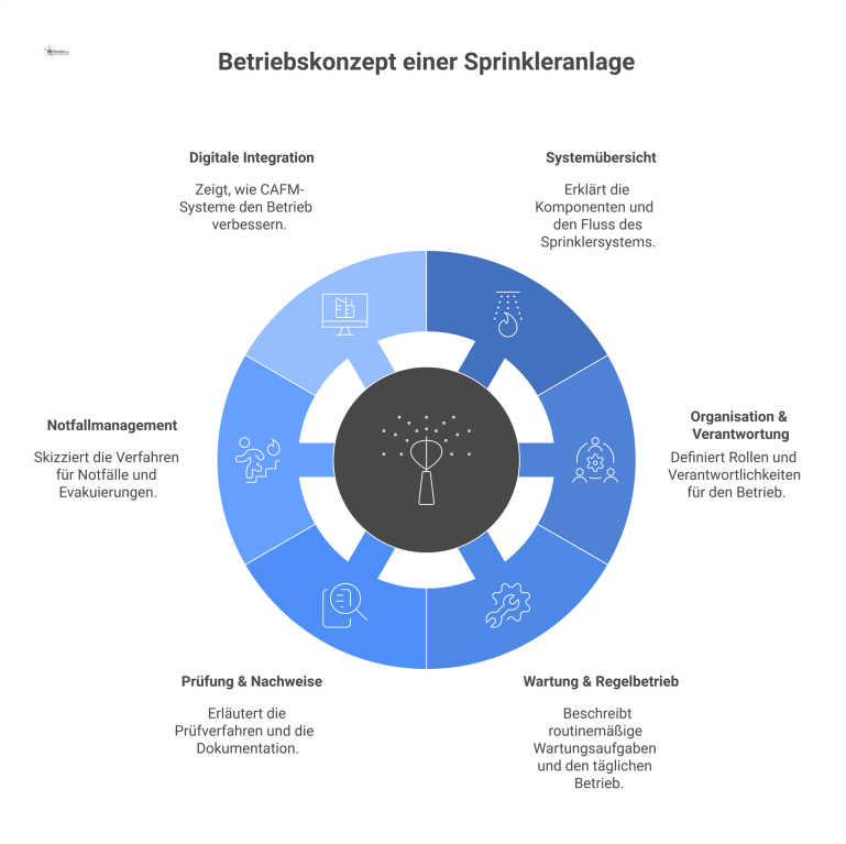 Strukturiertes Diagramm zum Betriebskonzept einer Sprinkleranlage mit den Hauptbereichen Systemübersicht, Organisation, Wartung, Prüfung, Notfallmanagement und digitale Integration.