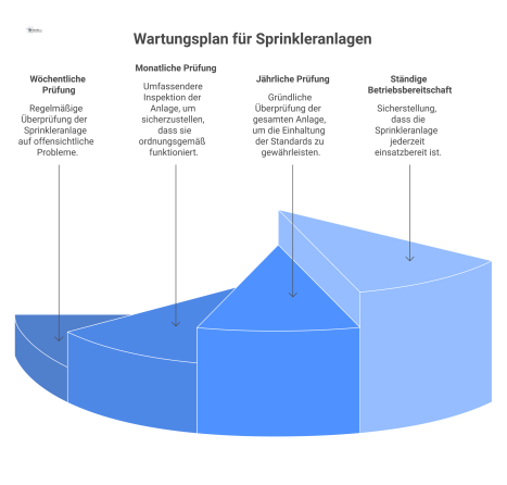 Infografik zum Wartungsplan für Sprinkleranlagen, die wöchentliche, monatliche und jährliche Prüfintervalle nach DIN EN 12845 darstellt.