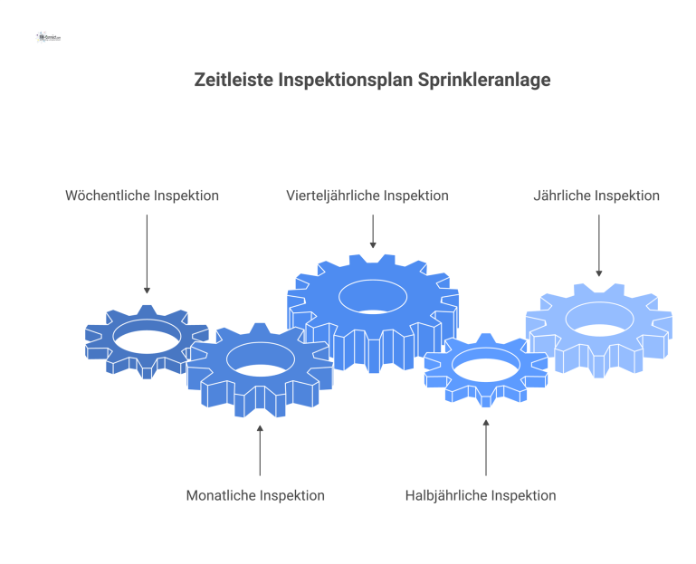 Eine visuelle Zeitleiste, die den Inspektionsplan einer Sprinkleranlage darstellt, gegliedert nach wöchentlichen bis jährlichen Intervallen mit zugehörigen Komponenten.