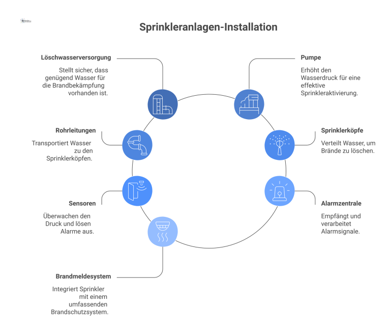 Eine schematische Darstellung einer Sprinkleranlage mit Wasserversorgung, Pumpe, Rohrleitungen, Sprinklerköpfen, Sensoren und einer verbundenen Alarmzentrale.