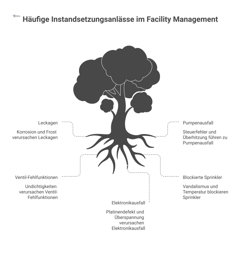 Ein Baumdiagramm zeigt fünf Hauptprobleme bei Instandsetzungen: Leckagen, Pumpenausfall, Ventil-Fehlfunktionen, blockierte Sprinkler und Elektronikausfall mit ihren jeweiligen Ursachen.
