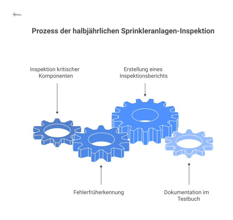Ablaufdiagramm zur halbjährlichen Inspektion von Sprinkleranlagen, das die Prüfung von Komponenten wie Pumpen und Ventilen bis zum Inspektionsbericht zeigt. 