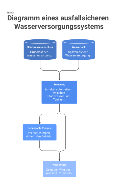 Technisches Diagramm eines ausfallsicheren Wasserversorgungssystems mit Stadtwasseranschluss, Wassertank, Steuerung und drei redundanten Pumpen zur Sicherstellung des Betriebs. 