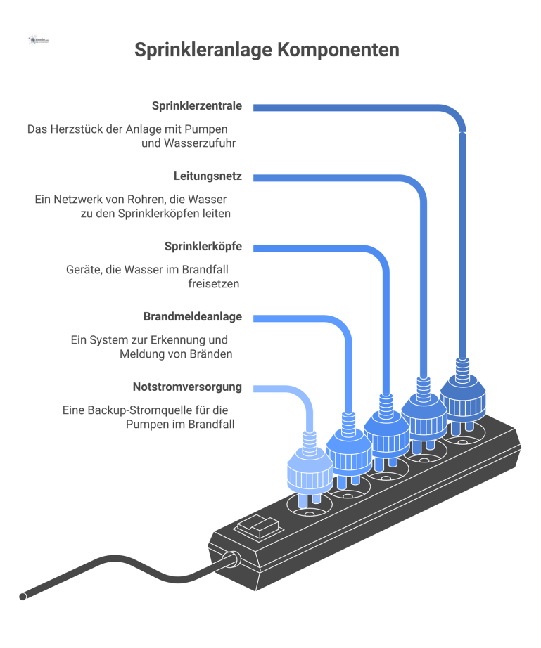 Diagramm einer Sprinkleranlage mit Zentrale, Pumpen, Leitungsnetz und der Anbindung an die Brandmeldeanlage sowie die Notstromversorgung.