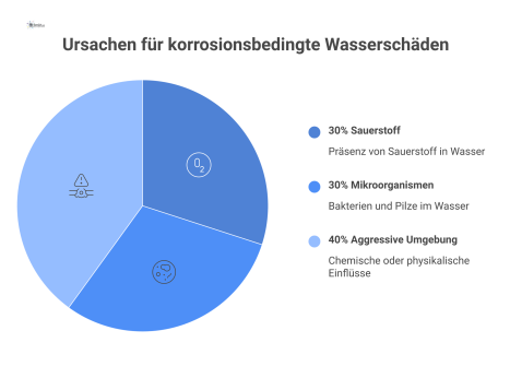 Infografik mit einem zentralen, korrodierenden Rohr, umgeben von Icons für Ursachen, Risikofaktoren und Präventivmaßnahmen gegen Wasserschäden. 