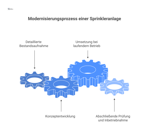 Flussdiagramm, das die vier Phasen zur Modernisierung einer Sprinkleranlage zeigt: Bestandsaufnahme, Konzept, Umsetzung und abschließende Prüfung. 