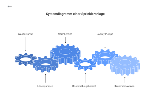 Systemdiagramm einer Sprinkleranlage, gegliedert in Wasservorrat, Alarmbereich und hervorgehobenen Druckhaltungsbereich, inklusive der steuernden Normen.