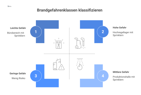 Querschnittsdiagramm eines Industriegebäudes, das die drei Zonen Büro, Produktion und Hochregallager mit ihren jeweiligen Brandgefahrenklassen und Sprinklersystemen zeigt.