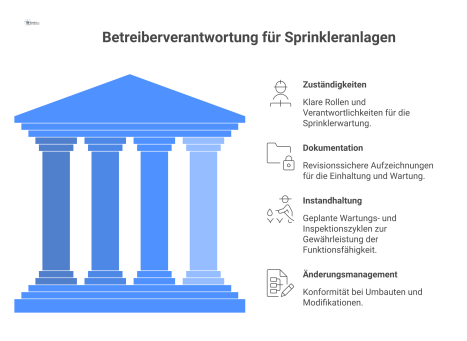 Strukturdiagramm zur Betreiberverantwortung für Sprinkleranlagen, das die vier Hauptbereiche Zuständigkeiten, Dokumentation, Instandhaltung und Änderungsmanagement zeigt.