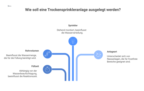 Ein Entscheidungsbaum zur Auslegung von Trockensprinkleranlagen, der die Parameter Füllzeit, Rohrvolumen und Sprinklermontage berücksichtigt und diese von Nassanlagen abgrenzt.