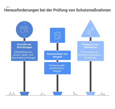  Infografik-Flussdiagramm zum Prüfprotokoll für Schutzmaßnahmen, das die Prüfschritte von der Kontrolle der Einrichtungen bis zur Festlegung von Maßnahmen zeigt.