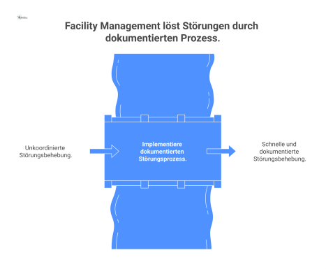 Ein lineares Flussdiagramm zeigt den Prozessablauf bei Störungen mit fünf Schritten: Meldungseingang, Erstbewertung, technische Kontrolle, Ursachenanalyse und Wiederherstellung. 