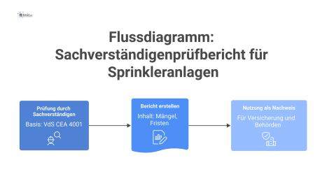 Flussdiagramm zum Prozess des Sachverständigenprüfberichts für Sprinkleranlagen, von der Prüfung durch den Sachverständigen über die Berichterstellung bis zur Nutzung als Nachweis.