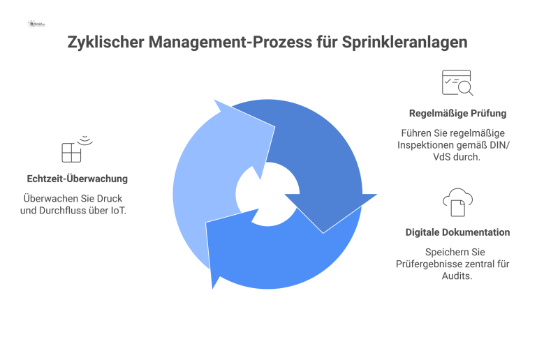  Ein zyklisches Flussdiagramm, das den Management-Prozess von Sprinkleranlagen in drei Phasen darstellt: Prüfung, digitale Dokumentation und IoT-Überwachung. 