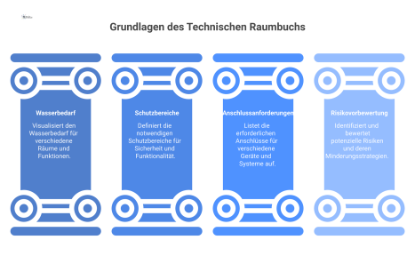  Infografik zu den vier Kerninhalten des Technischen Raumbuchs: Wasserbedarf, Schutzbereiche, Anschlussanforderungen und Risikovorbewertung als entscheidende Planungsgrundlage. 