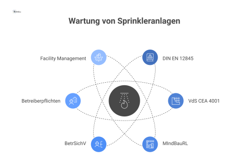 Infografik-Diagramm zur Wartung von Sprinkleranlagen, die von den vier Regelwerken DIN, VdS, MIndBauRL und BetrSichV definiert wird.