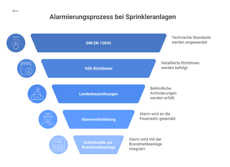 Diagramm des Alarmierungsprozesses einer Sprinkleranlage mit einer Regelwerk-Pyramide, das die Weiterleitung an die Feuerwehr und Brandmeldeanlage zeigt. 