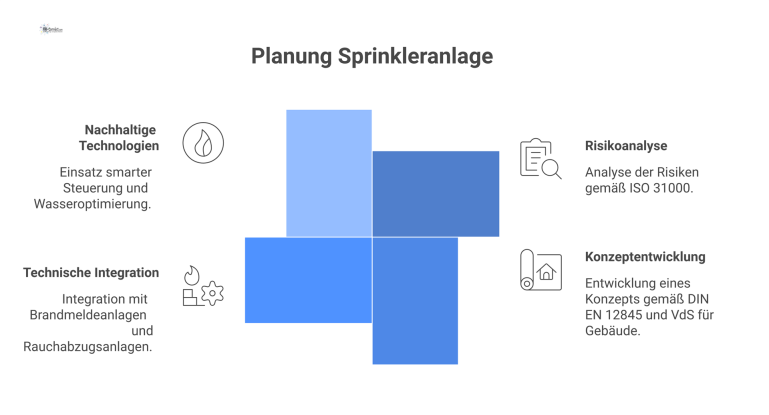 Mindmap zum Prozess der Brandschutzplanung für Sprinkleranlagen mit den Hauptästen Risikoanalyse, Konzeptentwicklung, technische Integration und nachhaltige Technologien.