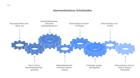 Systemdiagramm, das die Alarmventilstation mit Brandmeldezentrale, Gebäudeleitsystem und externen Akteuren wie Versicherern und Behörden in Verbindung setzt.