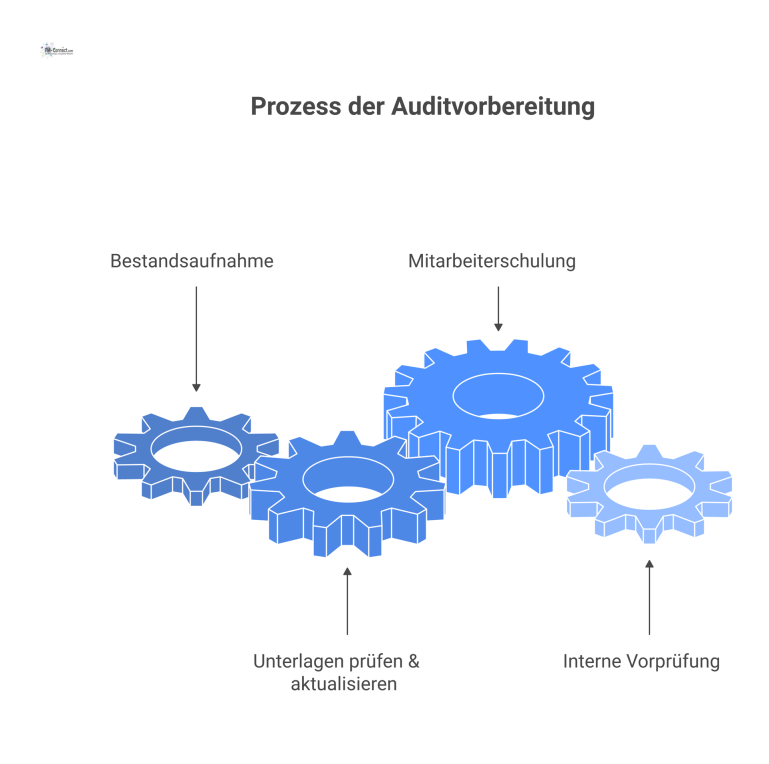 Flussdiagramm mit vier sequenziellen Schritten zur Auditvorbereitung: Bestandsaufnahme, Unterlagen prüfen, Mitarbeiterschulung und eine interne Vorprüfung zur Schwachstellenanalyse.