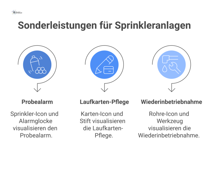 Eine Infografik zu Sonderleistungen für Sprinkleranlagen, welche die drei Bereiche Probealarm, Laufkarten-Pflege und Wiederinbetriebnahme mit passenden Piktogrammen darstellt.