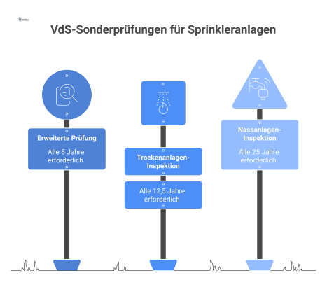 Eine Zeitleiste zeigt die VdS-Sonderprüfungen für Sprinkleranlagen, getrennt für Nass- und Trockenanlagen, mit den jeweiligen Prüfintervallen.