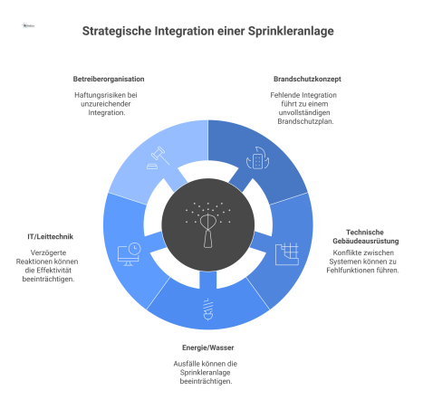 Diagramm zur Integration einer Sprinkleranlage, das die Risiken wie Haftung oder Funktionskonflikte in fünf Schlüsselbereichen des Facility Managements aufzeigt. 