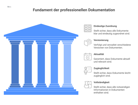 Diagramm, in dem 'Professionelle Dokumentation' auf fünf Säulen ruht, die mit Eindeutige Zuordnung, Versionierung, Aktualität, Zugänglichkeit und Vollständigkeit beschriftet sind.