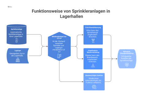 Technische Infografik einer Lagerhalle im Querschnitt, die den Mindestabstand von 0,5 Metern zwischen Sprinkler und Lagergut zeigt. 
