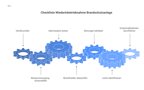  Infografik als technische Checkliste zur Wiederinbetriebnahme einer Brandschutzanlage, die 7 Hauptkategorien mit Icons und Prüfschritten darstellt. 