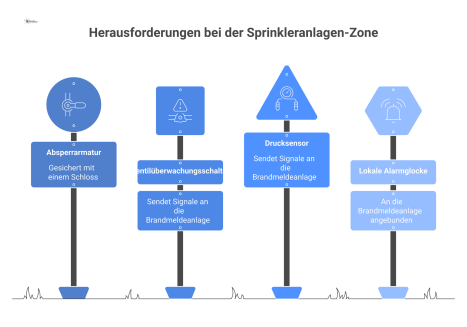 Diagramm einer Sprinkler-Zone mit gesicherter Absperrarmatur. Ein Drucksensor und Ventilüberwachungsschalter senden Signale an eine Brandmeldeanlage und Alarmglocke.